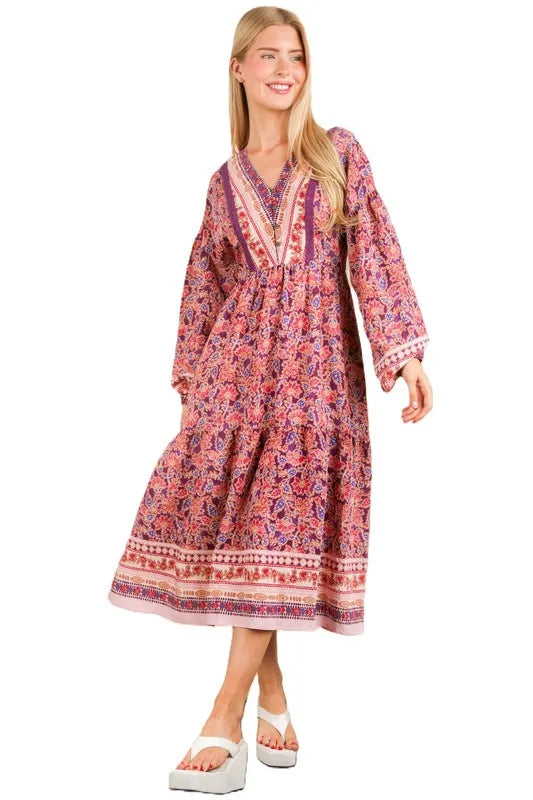 Robe d'été bohème à col en V, manches ballon et imprimé fleuri – Robe bohème à col en V, Robe à manches ballon, Robe à imprimé fleuri, Robe bohème féminine, Robe d'été chic