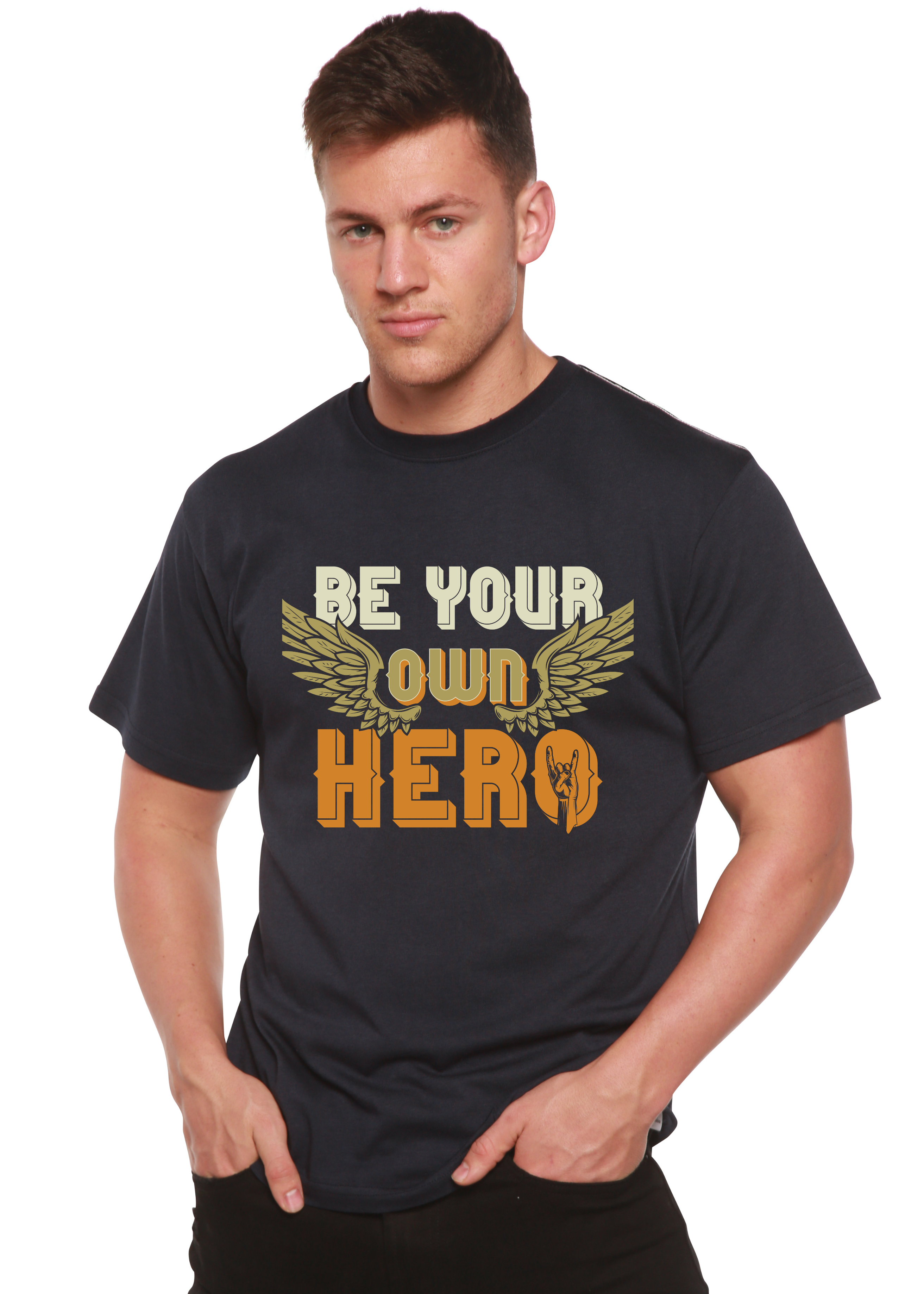 T-shirt graphique à manches courtes pour homme en viscose de bambou/coton biologique "Be Your Own Hero"
