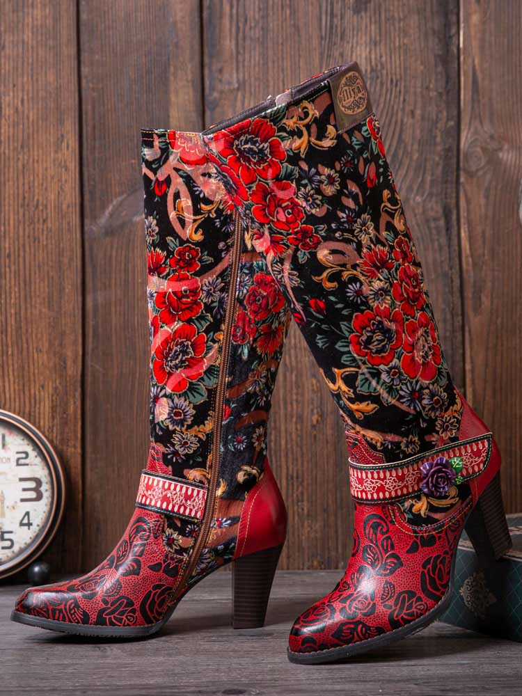 Bottes élégantes brodées à motif floral en relief faites à la main