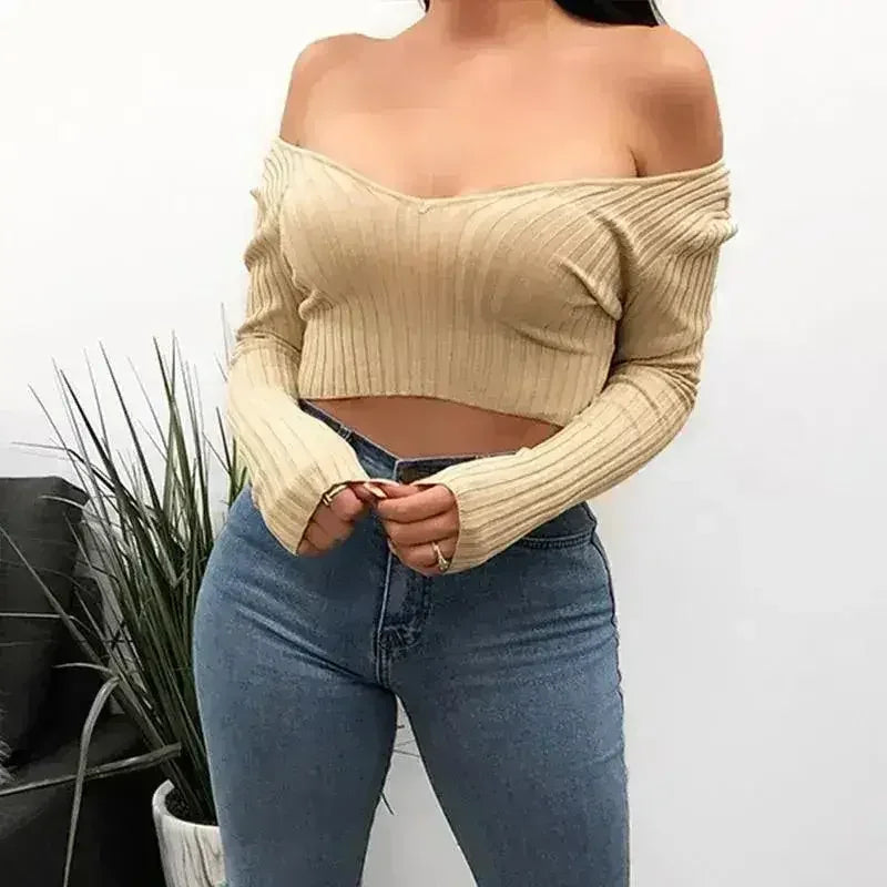 Haut court noir en coton pour femme, col en V, épaules dénudées, automne