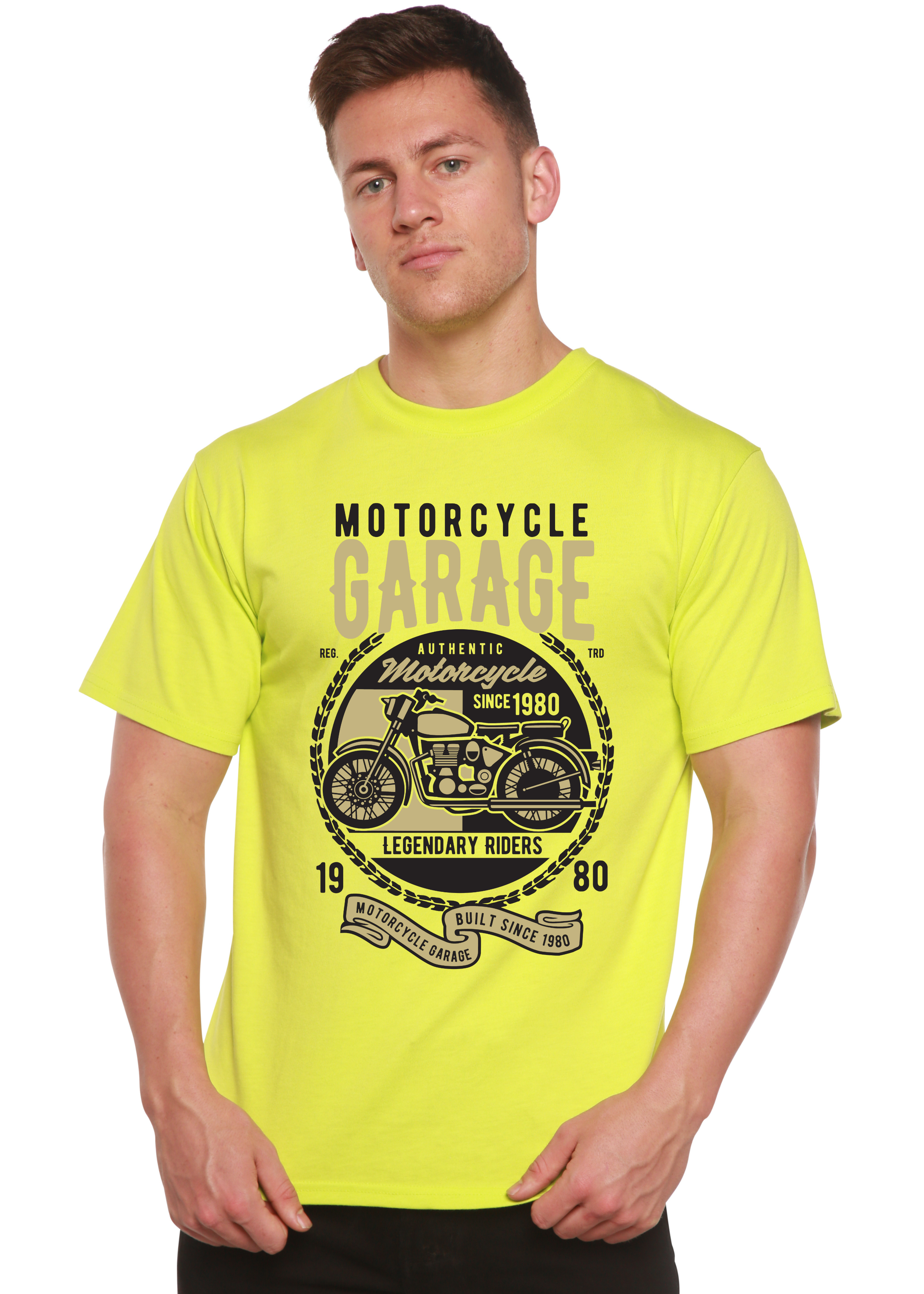 T-shirt graphique à manches courtes pour homme, en bambou, viscose et coton biologique, motif garage moto