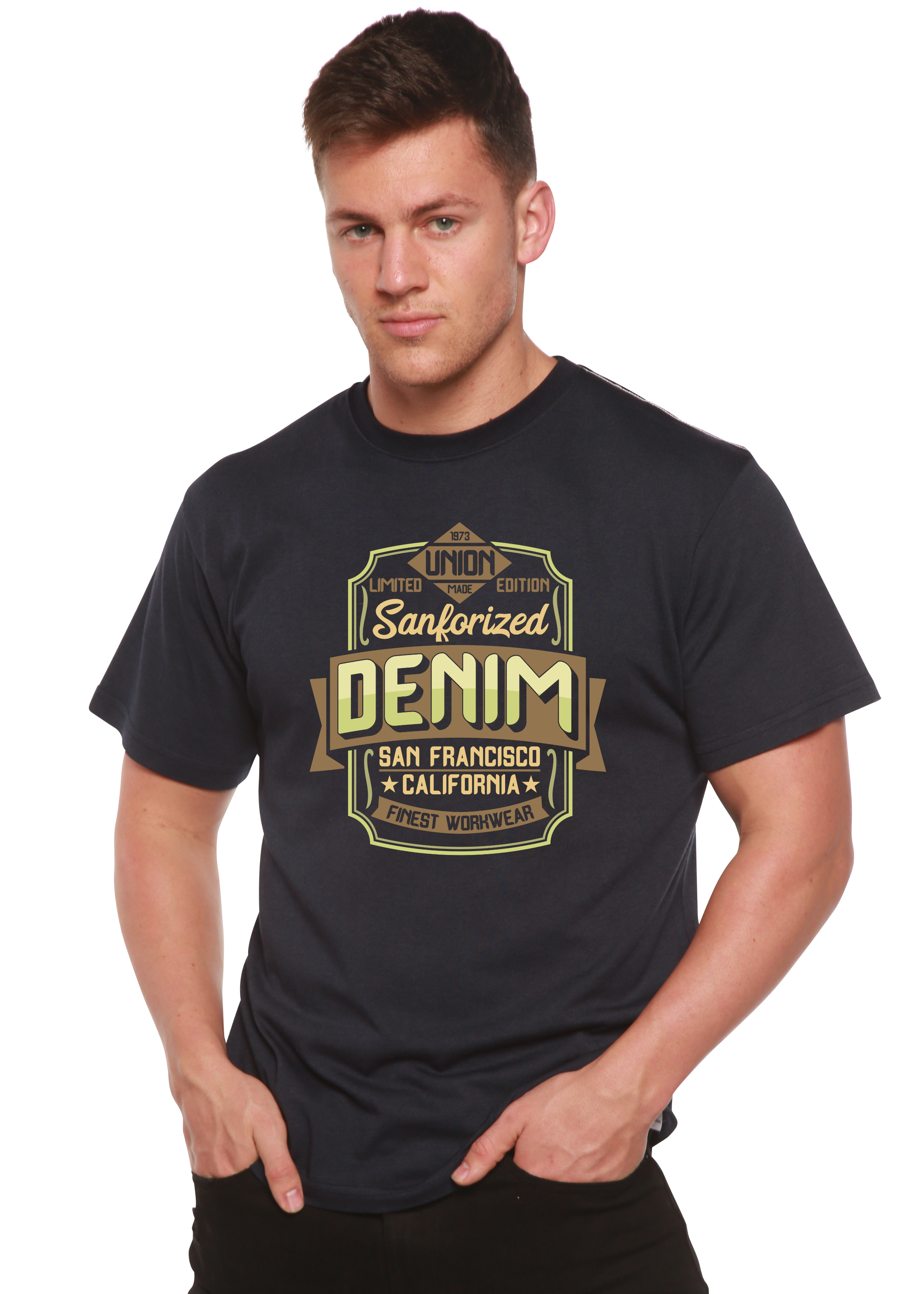 T-shirt graphique à manches courtes pour homme en viscose de bambou/coton biologique Sanforized Denim