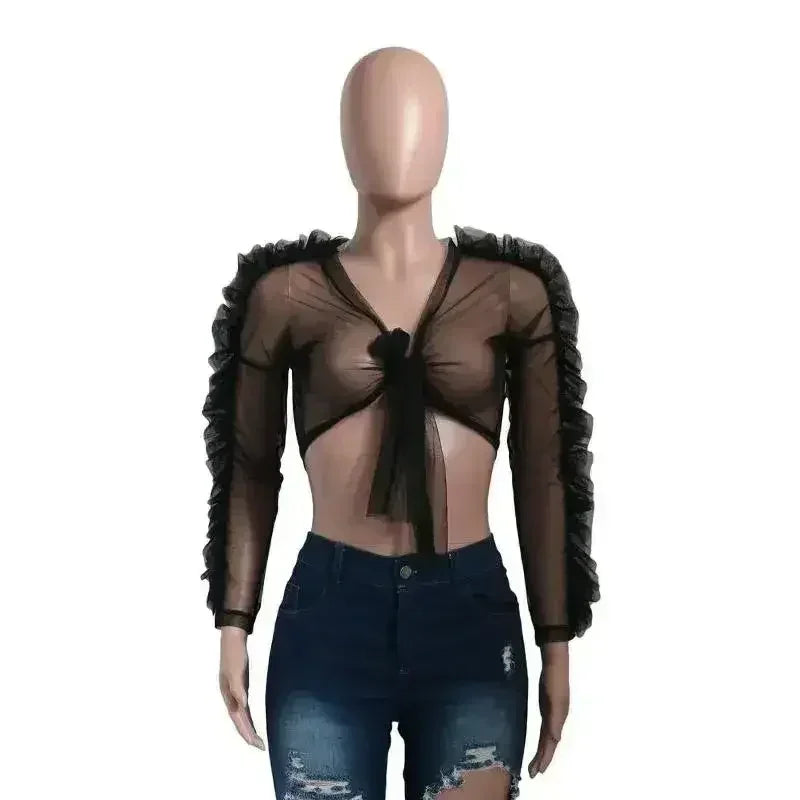 Haut court tissé de style gothique noir pour femme Club sexy transparent