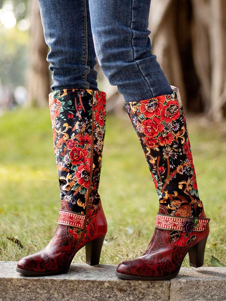 Bottes élégantes brodées à motif floral en relief faites à la main