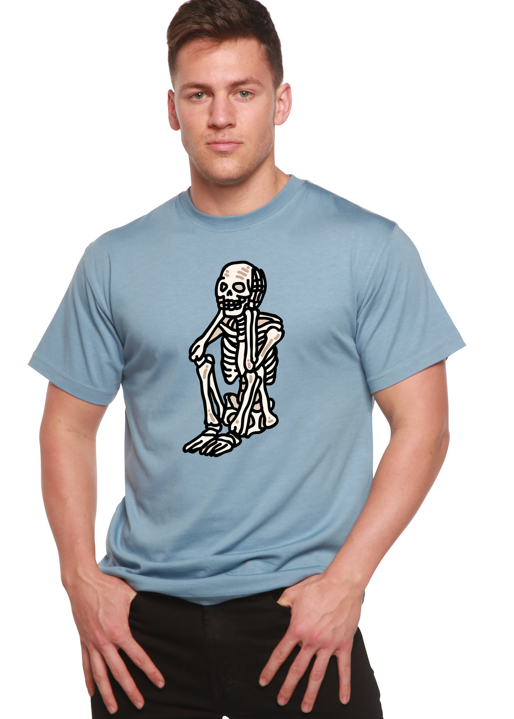 T-shirt graphique unisexe squelette triste Halloween en bambou viscose/coton biologique à manches courtes