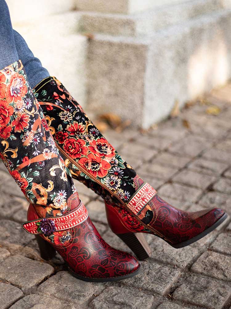 Bottes élégantes brodées à motif floral en relief faites à la main