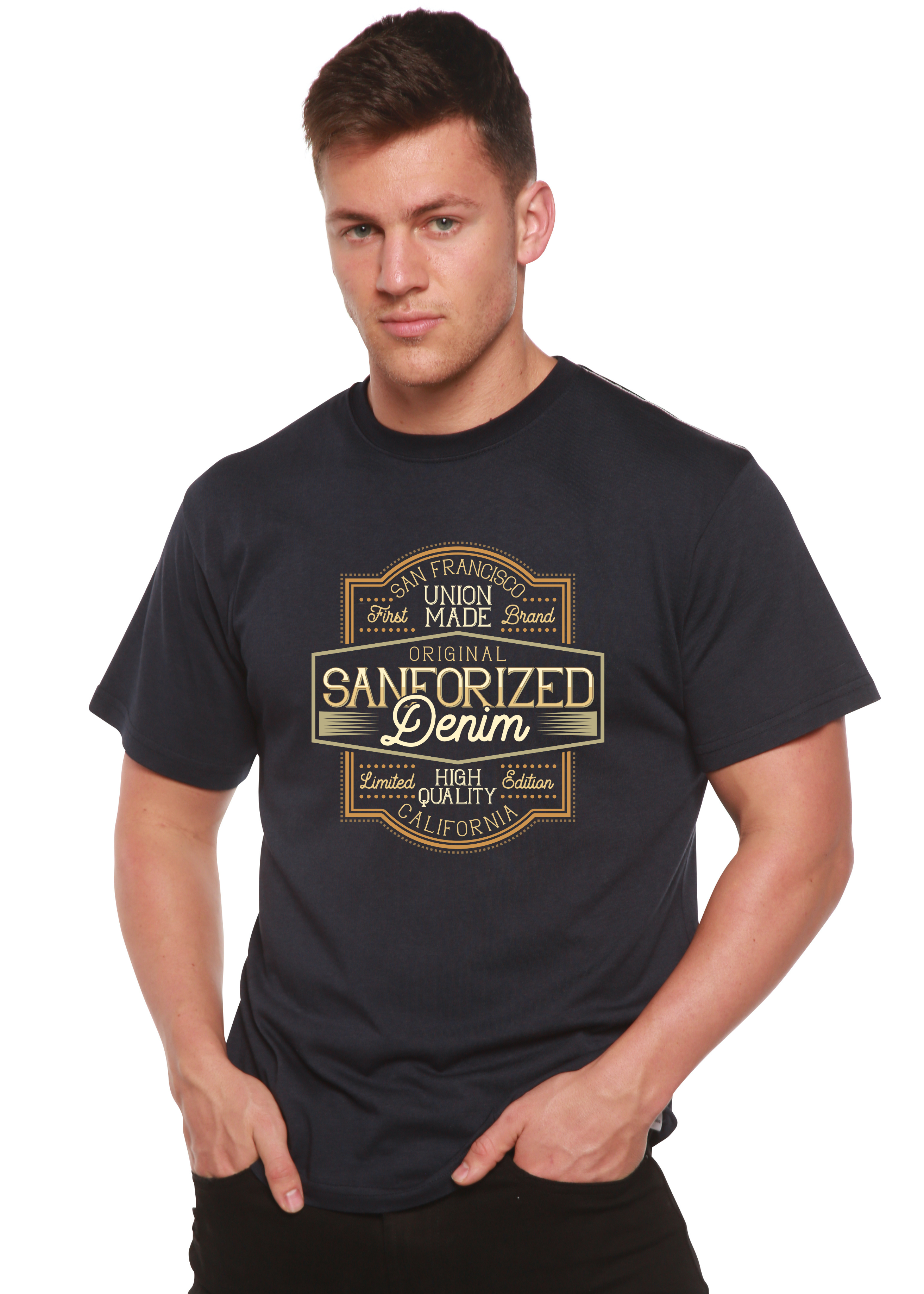 T-shirt graphique à manches courtes en denim sanforisé original en viscose de bambou/coton biologique pour homme