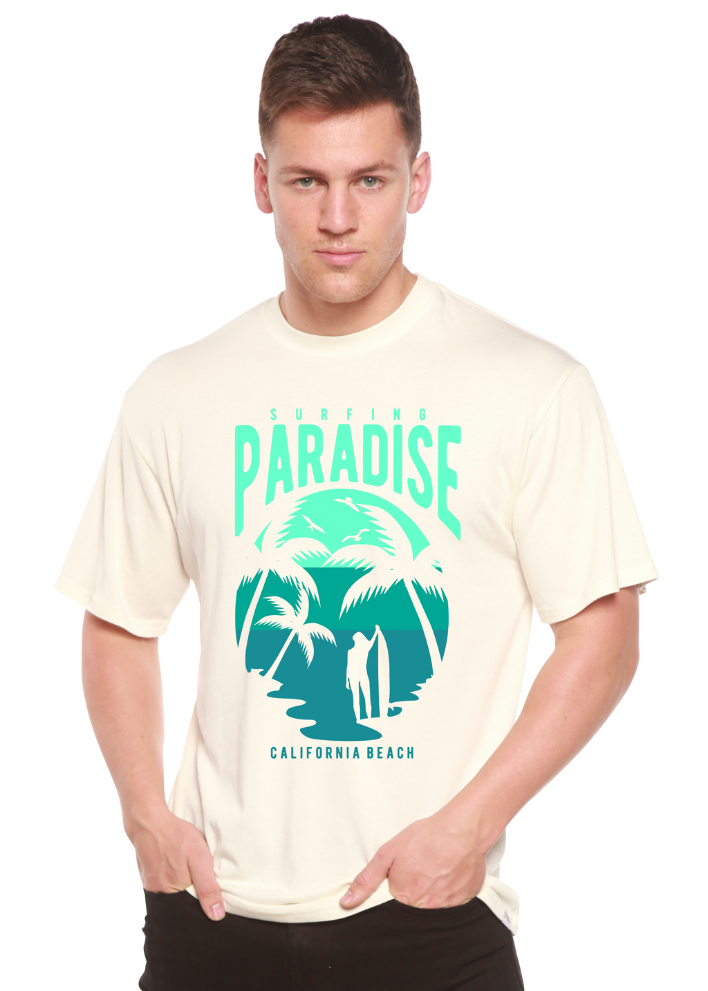 T-shirt graphique à manches courtes pour homme en viscose de bambou/coton bio Surfing Paradise California Spun Bamboo®