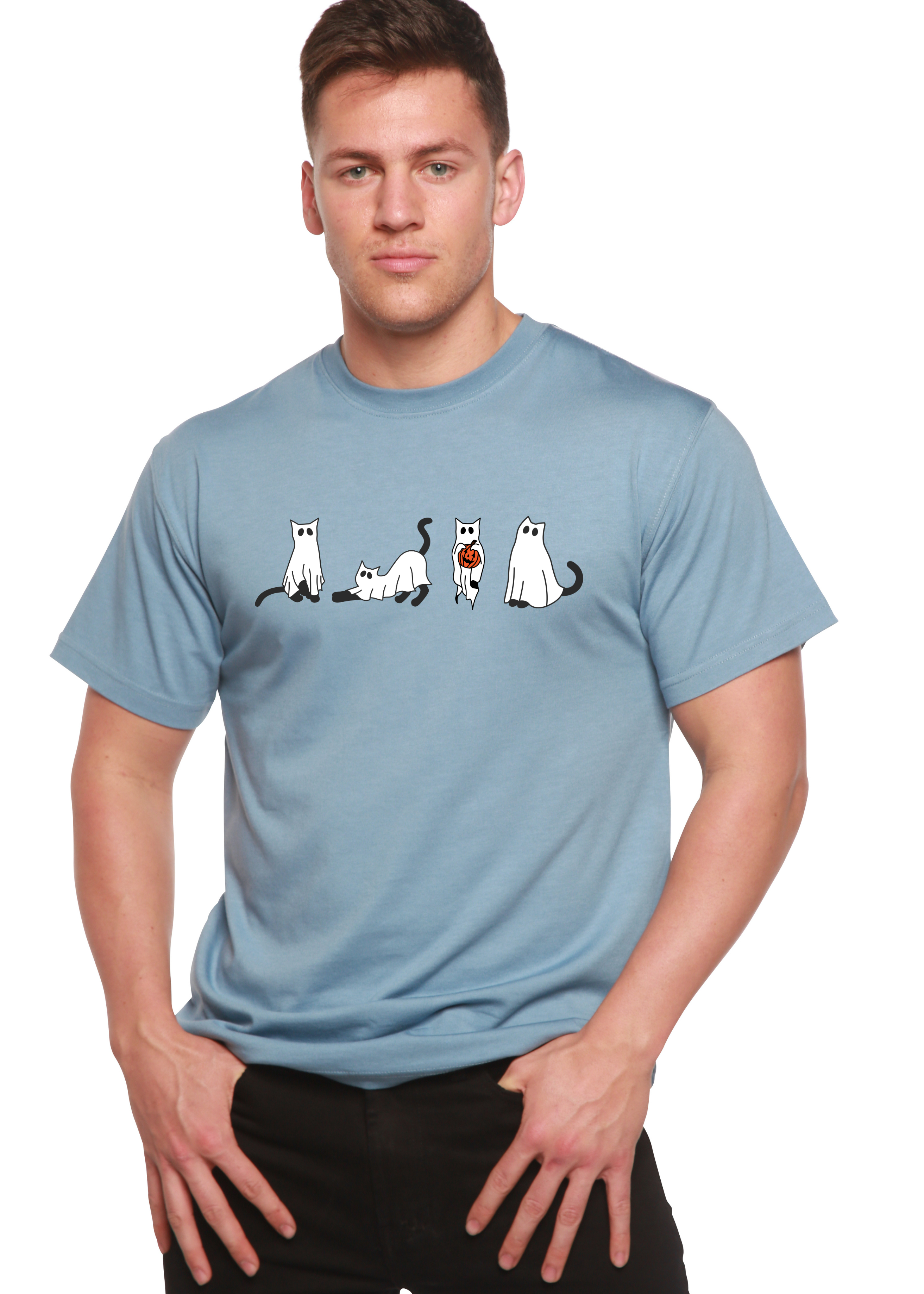 T-shirt graphique à manches courtes en viscose de bambou/coton biologique pour homme - Chats d'Halloween