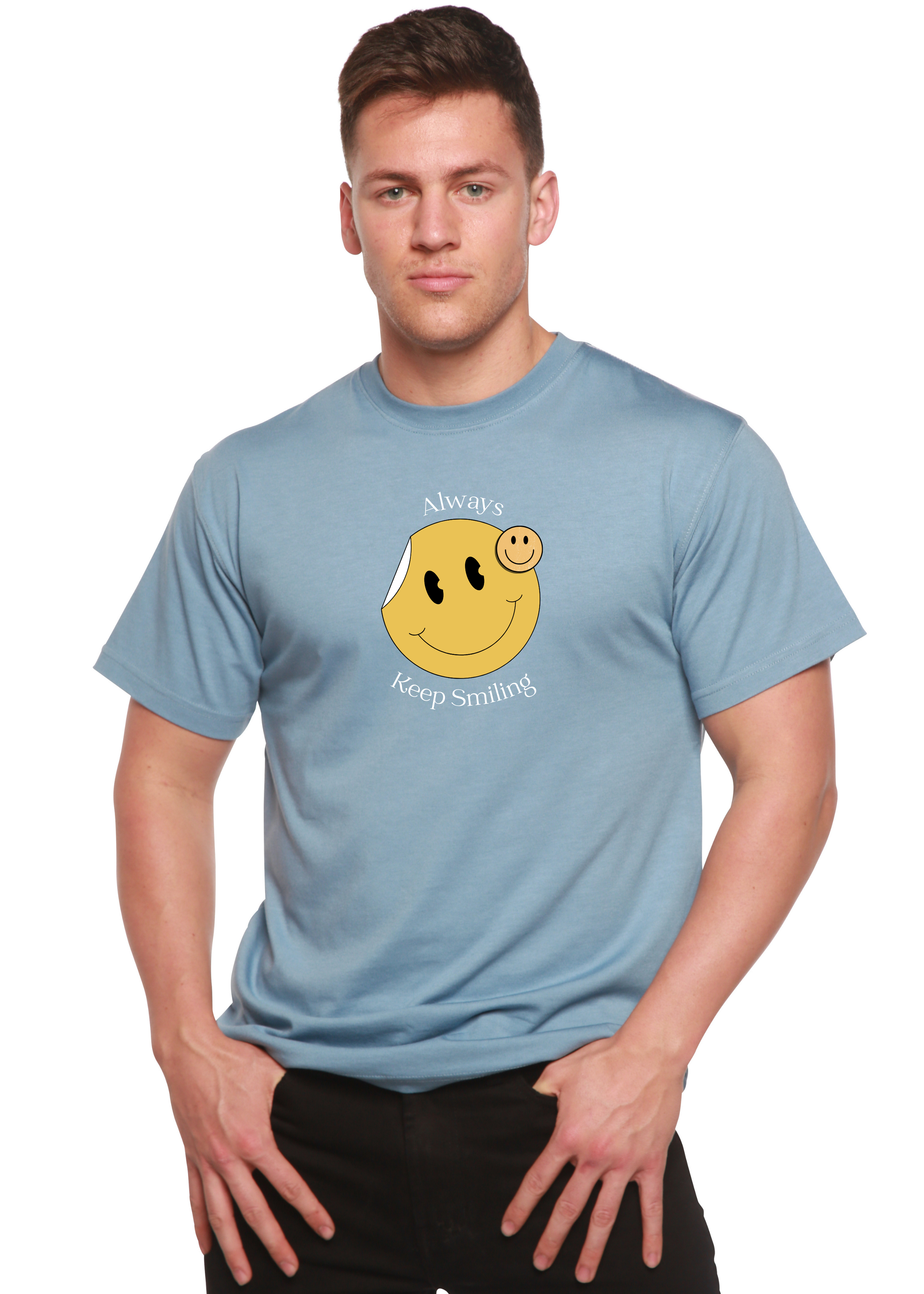 T-shirt graphique à manches courtes en bambou-viscose/coton biologique pour homme avec inscription « Always Keep Smiling »