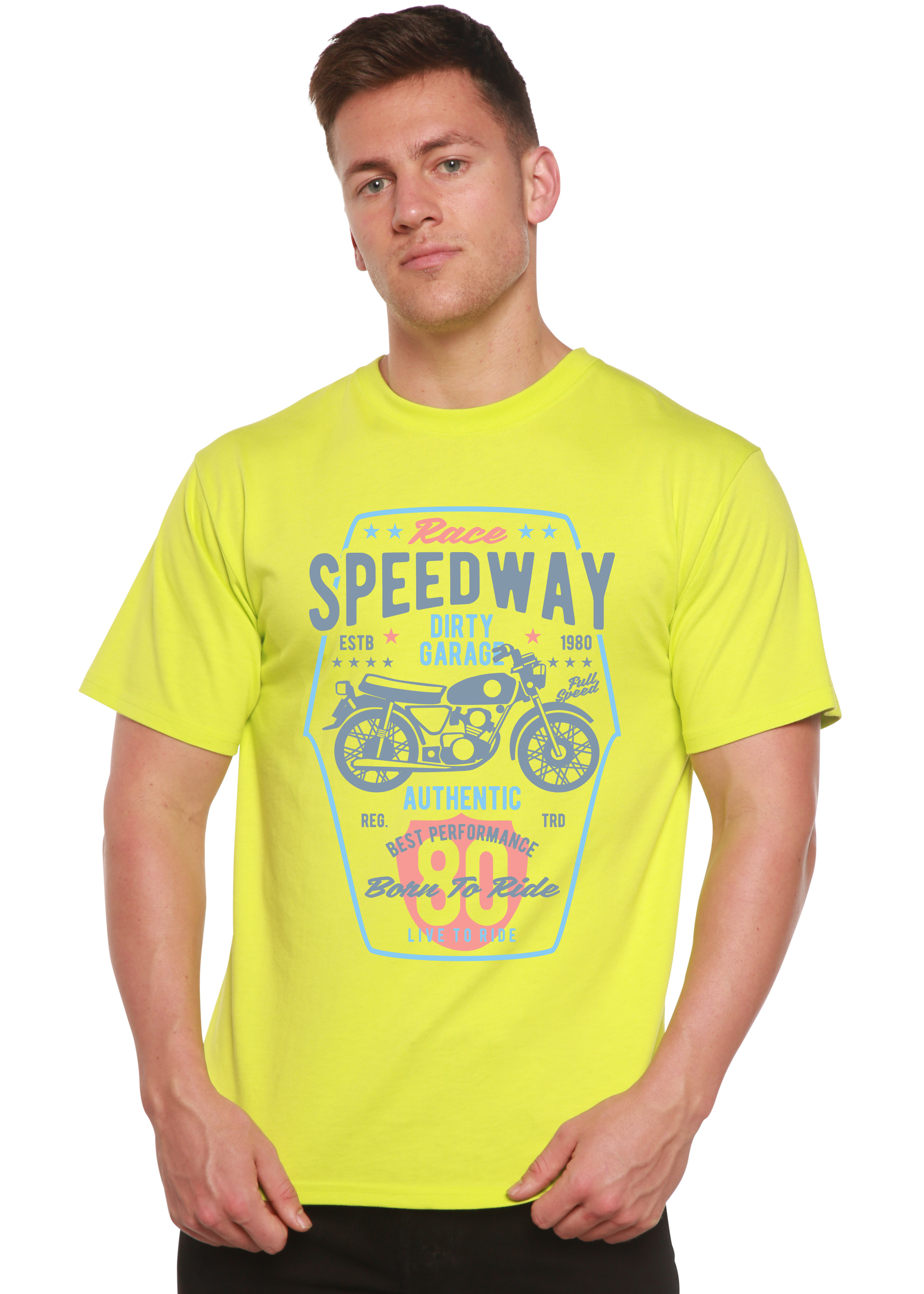 T-shirt graphique Speedway Motorcycle Spun Bamboo® à manches courtes en viscose de bambou/coton biologique pour homme