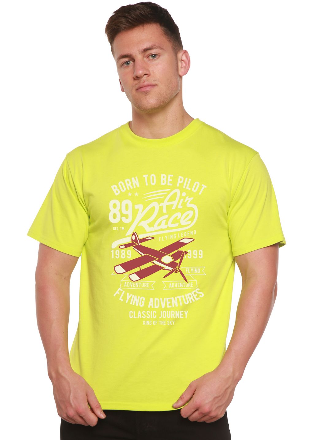 T-shirt graphique à manches courtes pour homme en viscose de bambou/coton biologique motif "Born To Be Pilot"