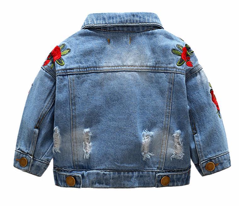 Manteau en Jean Moderne de Luxe pour Petites Filles Blouson Brodé Effiloché avec Roses