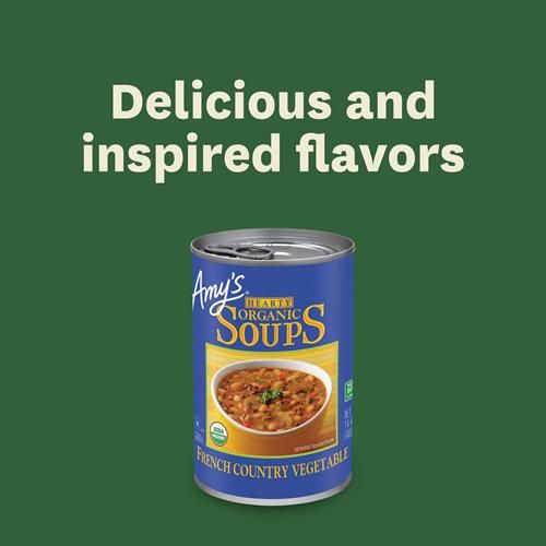 Soupe Amy’S, Soupe végétalienne de légumes campagnards copieuse, sans gluten, à base de riz biologique, de légumes et d'herbes, soupe en conserve, 408 g