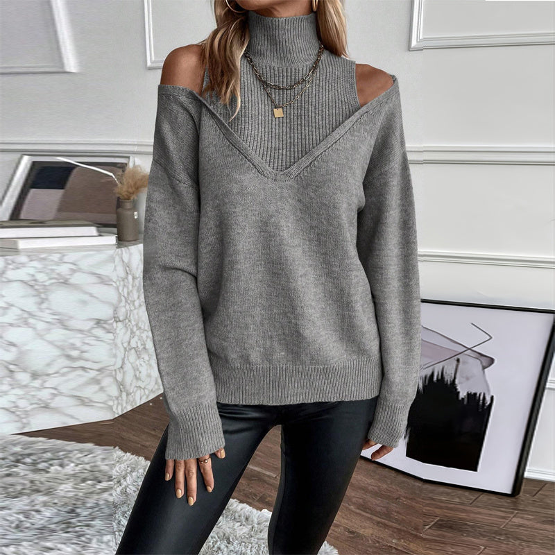 Chandail élégant pour femme, coupe asymétrique, col roulé — Haut en maille à manches longues