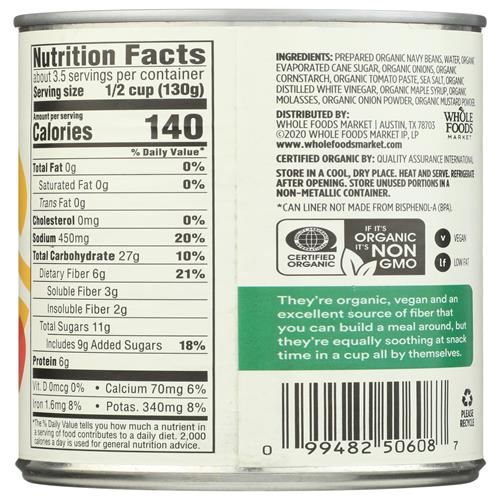 Whole Foods Market, Haricots blancs biologiques à la mélasse, Érable et oignon, 425 g