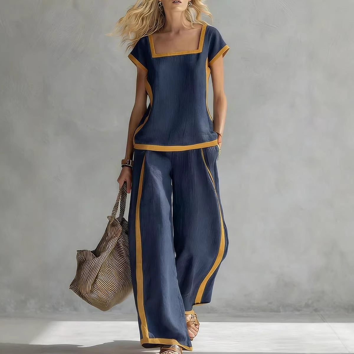 Ensemble deux pièces haut et pantalon amples à encolure carrée et manches trois-quarts