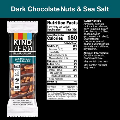 Kind Zero Barre Sans Sucres Ajoutés, Chocolat Noir Noix Et Sel Marin, Encas Keto, Sans Gluten, 5g Protéines, 5 Barres