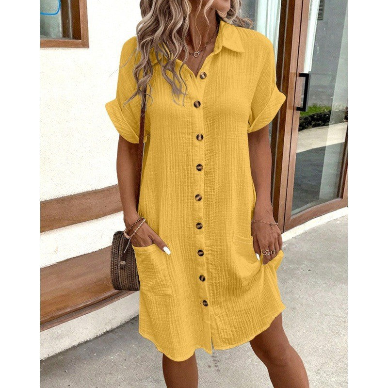 Robe Chemise Femme en Coton et Lin – Robe Évasée Col V Boutonnée sur le Devant