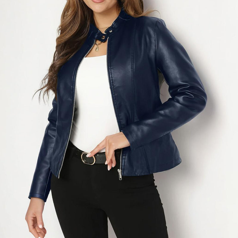 Blazer en similicuir uni à manches longues et col montant pour femme