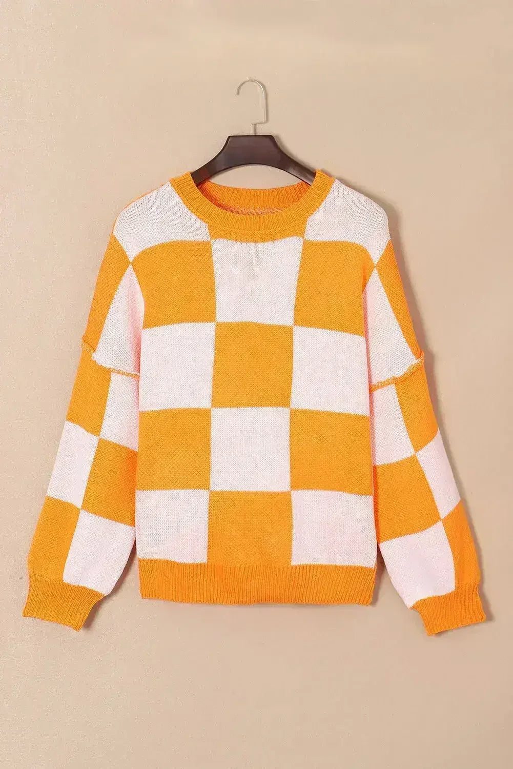 Pull orange à carreaux avec manches évêque - Femstylo