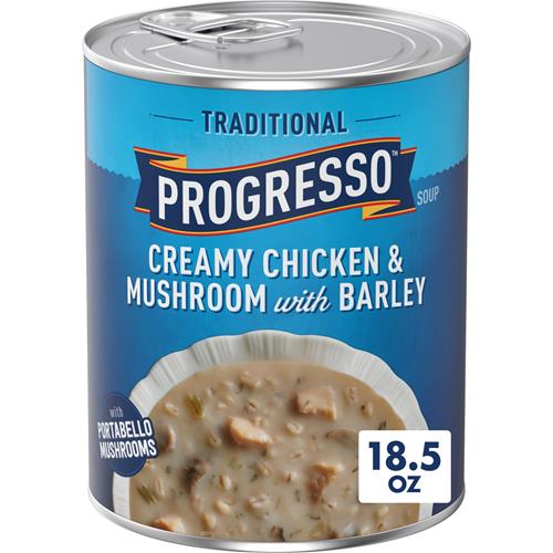 Soupe Progresso traditionnelle crémeuse poulet et champignons avec orge, 524 g.