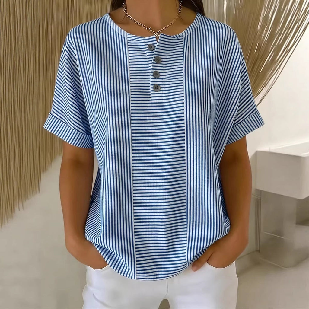 T-Shirt Rayé Femme en Coton et Lin – Col en V, Détails Boutonnés, Coupe Ample