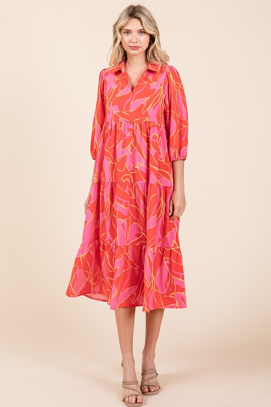 Nouvelle robe midi d'été à plusieurs niveaux, imprimée et col chemise pour femme – Une robe élégante et polyvalente au style raffiné et féminin