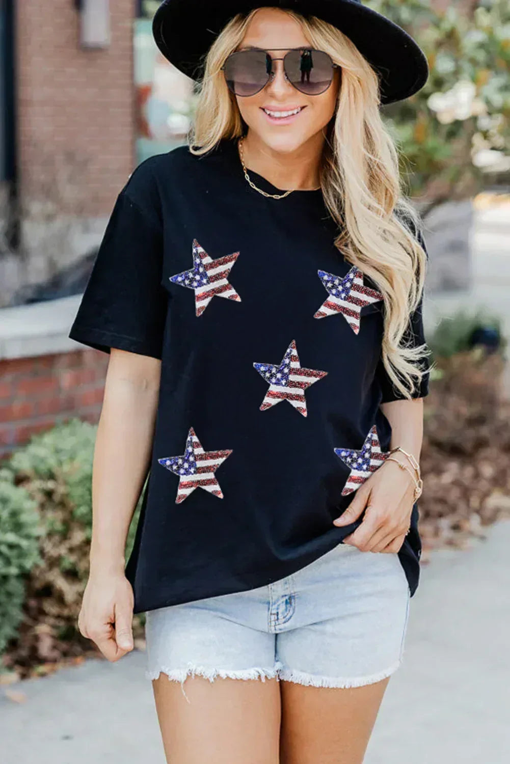 T-shirt graphique étoiles drapeau américain à paillettes noires