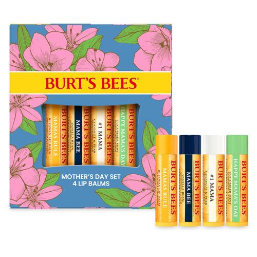 Idées cadeaux Burts Bees - Coffret de baumes à lèvres Balm Bouquet, Original Beeswax, Vanilla Bean, Cucumber Mint, Coconut & Pear Pack, Soin des lèvres d'origine naturelle, 4 tubes, 4,25 g.