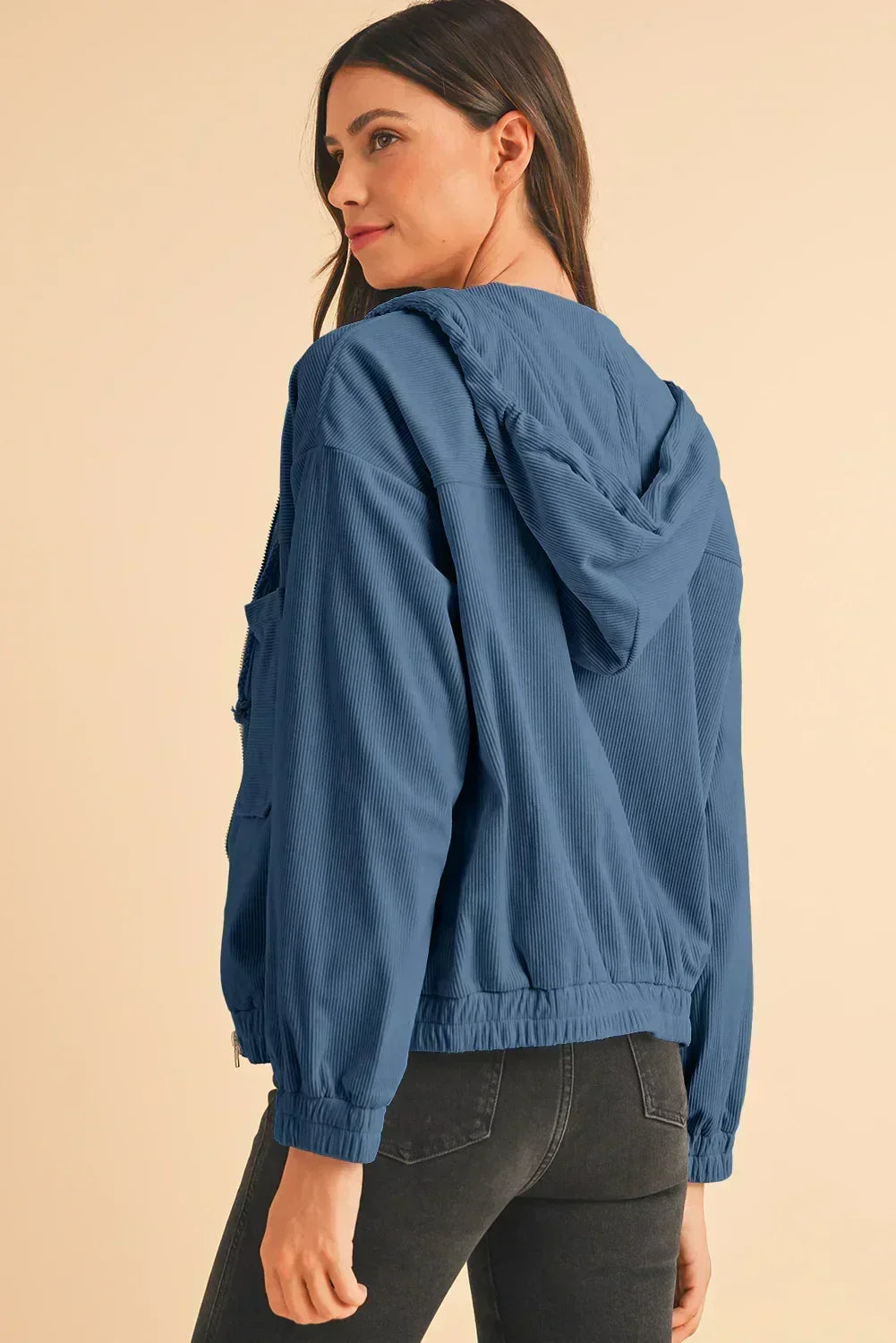 Veste à capuche zippée en velours côtelé bleu sarcelle véritable – Femstylo