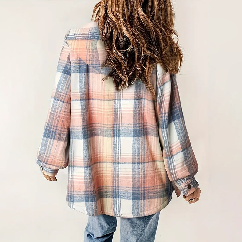 Veste boutonnée à manches longues à carreaux pour femme