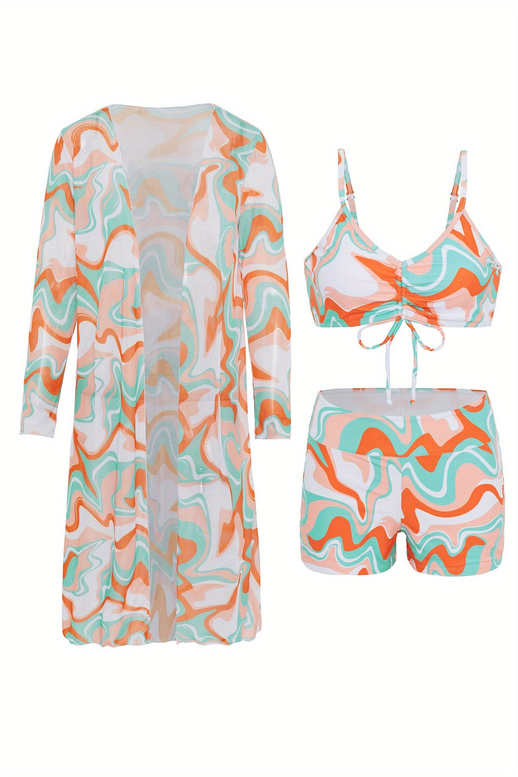 Ensemble bikini 3 pièces géométrique Luxe Lines pour femme – Bikini taille haute avec cordon de serrage, short de bain et kimono transparent à manches longues – Maillot de bain femme audacieux et léger pour la plage, la piscine et les escapades estivales