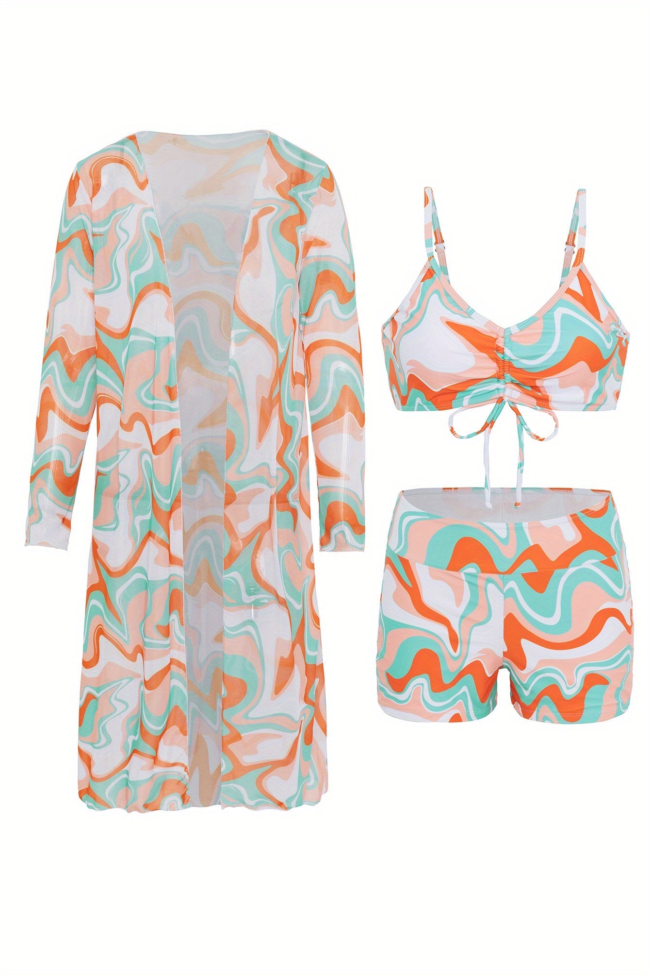 Ensemble bikini 3 pièces géométrique Luxe Lines pour femme – Bikini taille haute avec cordon de serrage, short de bain et kimono transparent à manches longues – Maillot de bain femme audacieux et léger pour la plage, la piscine et les escapades estivales