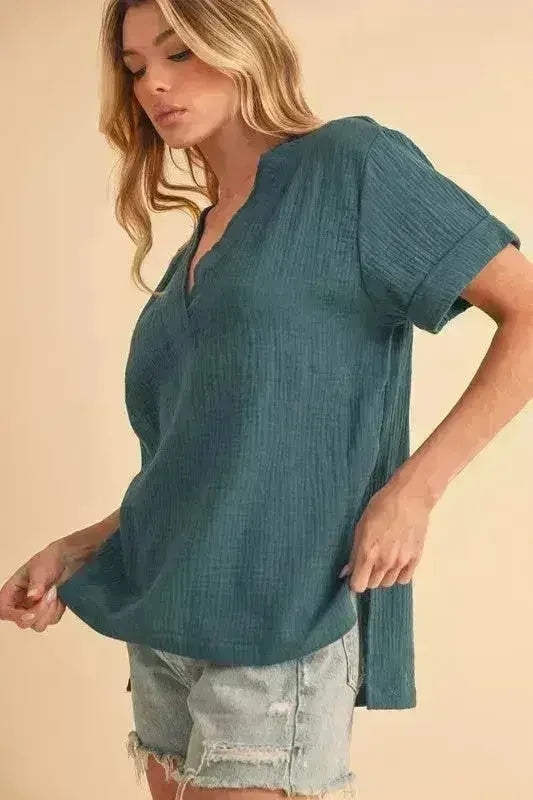 Blouse fendue à encolure en V - Haut chic 100 % coton | Femstylo