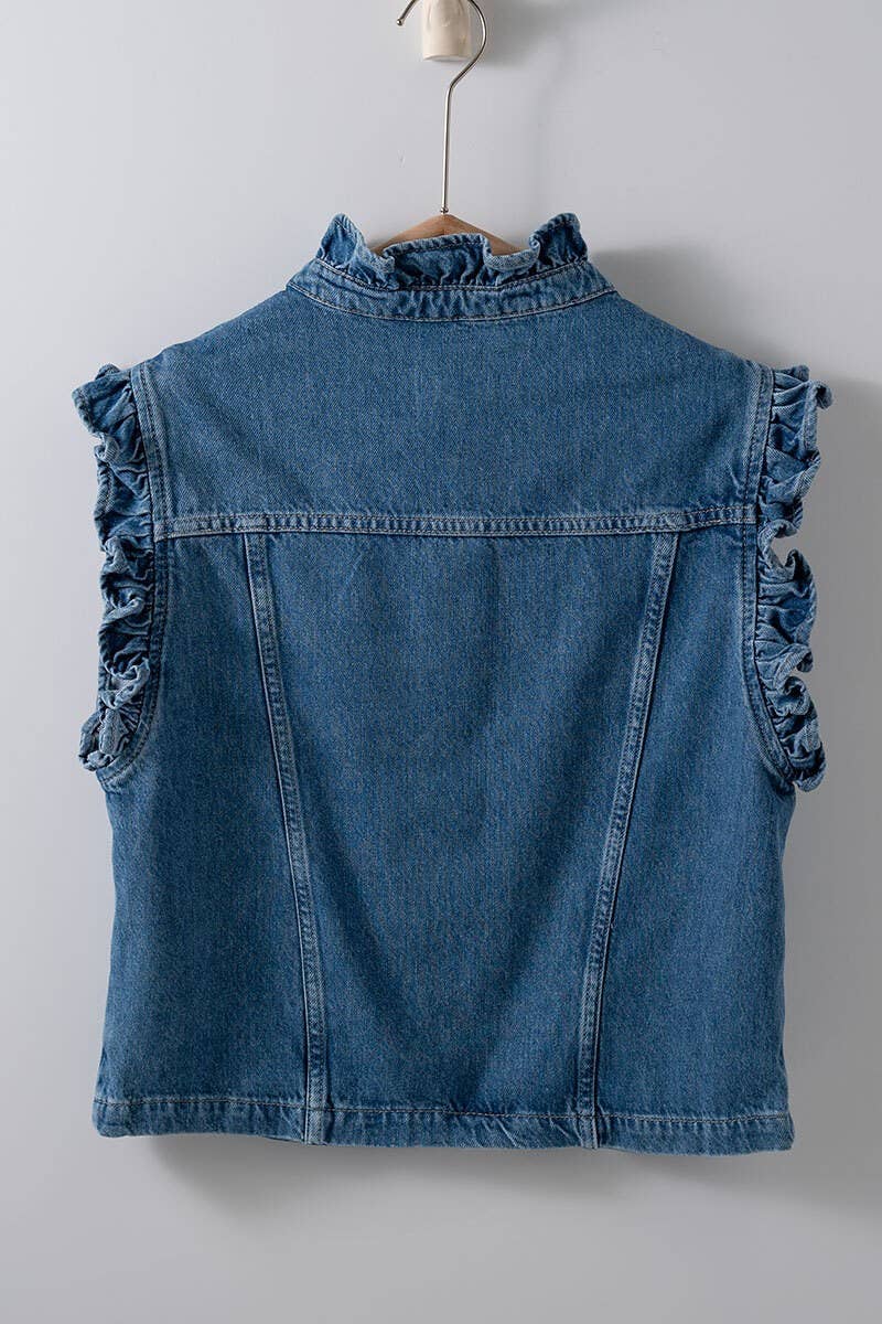 Gilet en jean à volants Victorian Muse – Superposition audacieuse à col montant