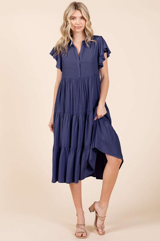 Robe midi à col en V, manches volantées et étages pour femme – Une robe midi vaporeuse, féminine et élégante avec des détails superposés pour toutes les occasions