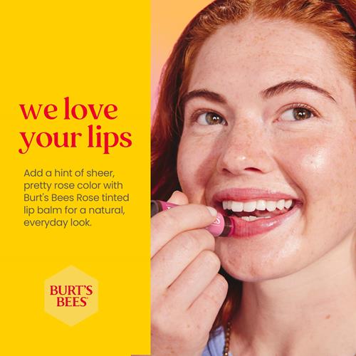 Baume teinté Burt's Bees, formule 2 en 1 longue durée, baume teinté infusé de beurre de karité hydratant pour un fini modulable d'apparence naturelle, Rose, 1 tube