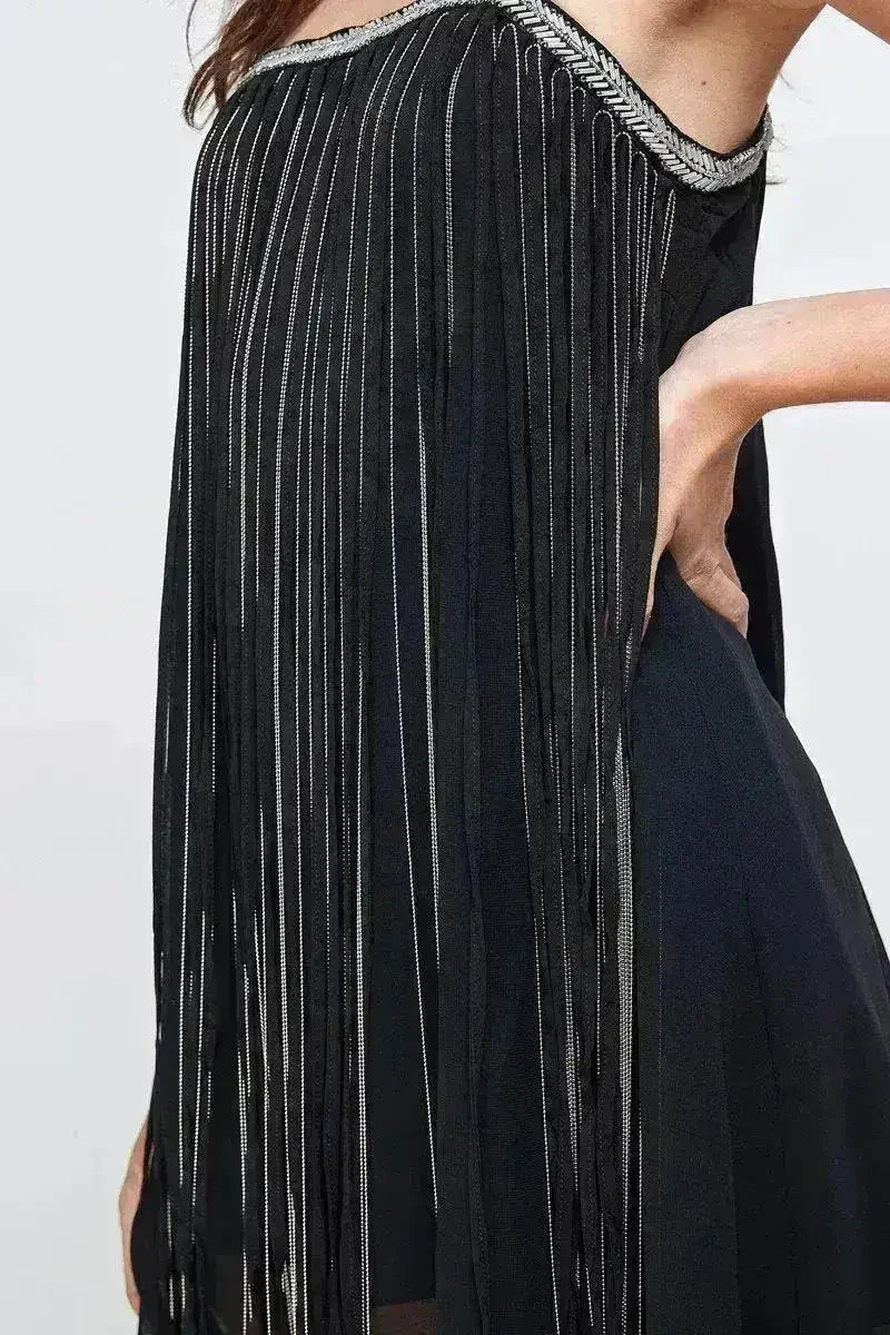 Robe courte trapèze en mousseline frangée métallique - Femstylo