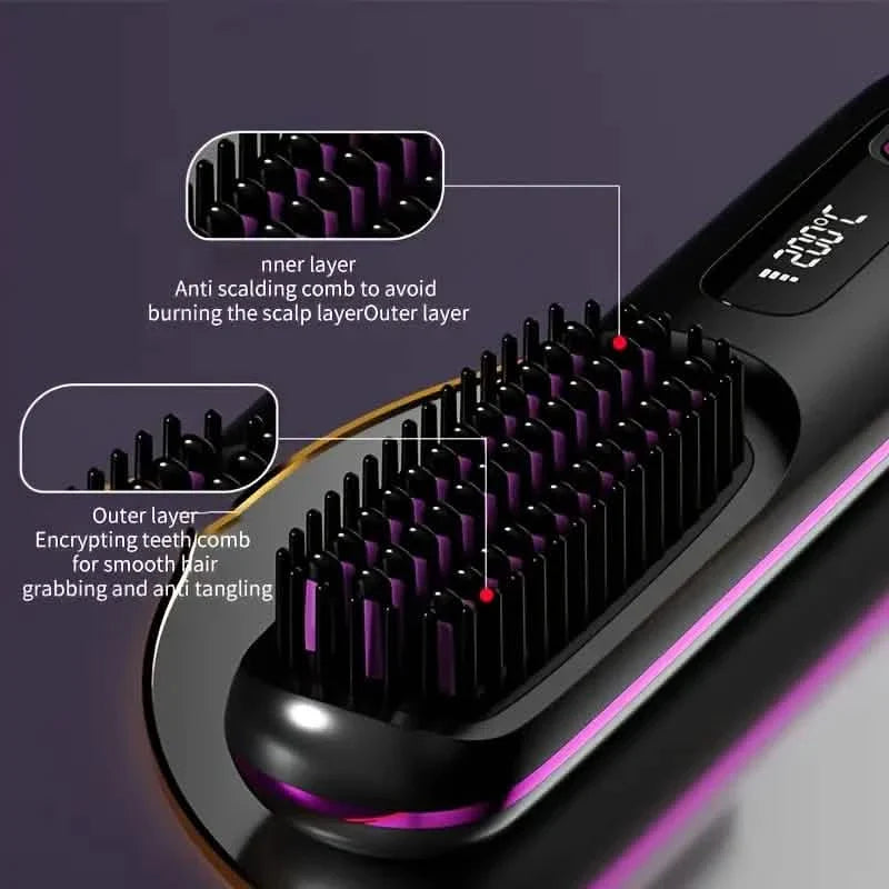 Peigne lisseur sans fil portable – Rechargeable par USB, 3 vitesses, Ions négatifs