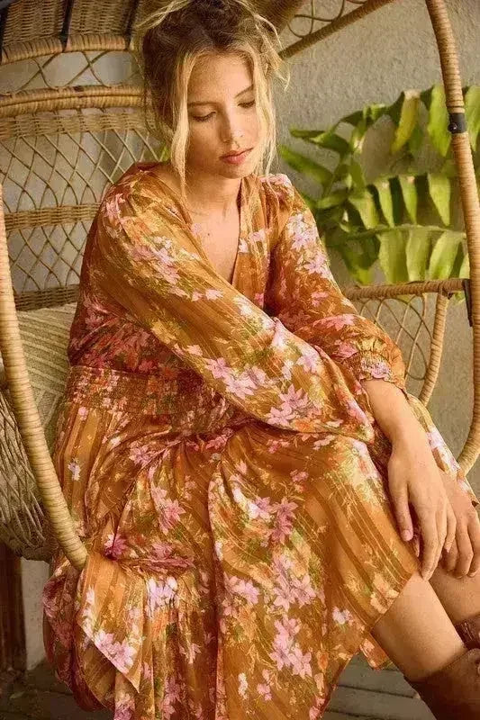 Robe midi smockée Mittoshop à rayures lurex en satin imprimé floral
