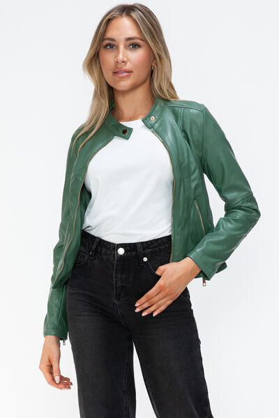 Veste à capuche en similicuir zippée avec cordon de serrage pour femme, élégante et décontractée, en cuir PU pour le streetwear