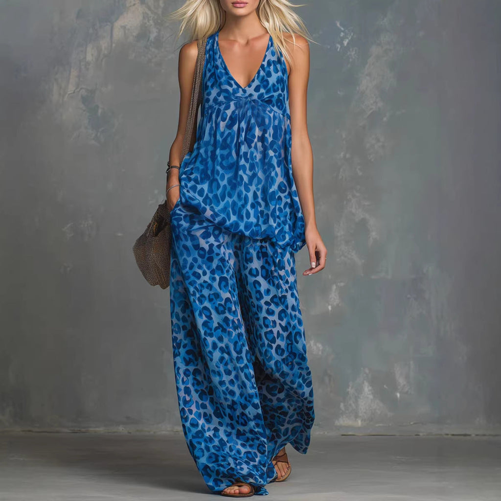 Ensemble Femme Top sans Manches Imprimé Léopard et Pantalon en Mousseline