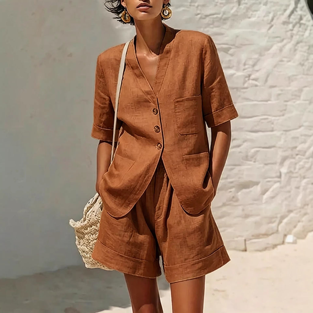 Ensemble deux pièces T-shirt ample et short court en coton et lin pour femme