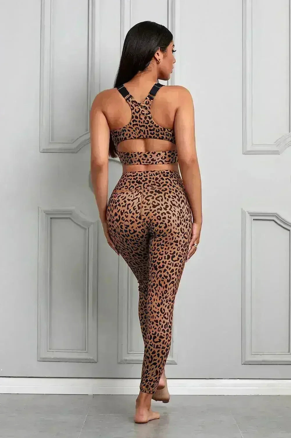 Ensemble Soutien-Gorge et Pantalon de Sport Imprimé Guépard Marron pour Femme