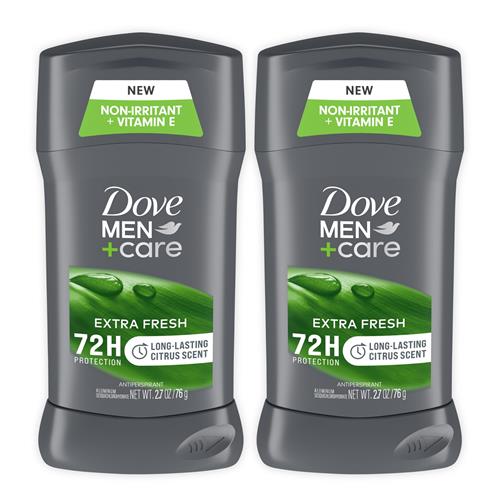 Dove Men+Care Extra Fresh Anti-transpirant Déodorant en Stick Homme Extra Fresh Lot de 2 avec Protection Contre la Transpiration et les Odeurs 72h avec ¼ de Crème Hydratante et Parfum d'Agrumes Longue Durée 76 g