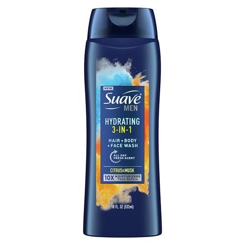 Gel douche 3 en 1 pour homme Suave Men, savon pour le corps pour une peau et des cheveux hydratés, pour le corps, le visage et les cheveux, avec un parfum frais longue durée, 532 ml