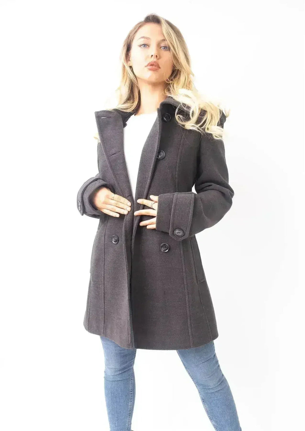 Manteau à capuche croisé double face en laine