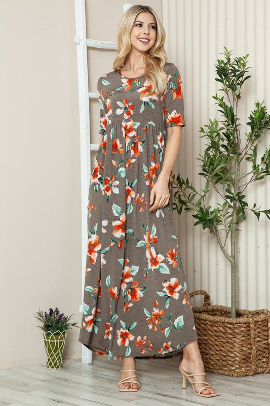 Robe longue T-shirt fleurie à col rond et manches courtes – Robe longue fleurie décontractée et confortable avec coupe ample et manches courtes