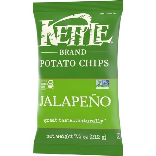 Croustilles de pommes de terre bouilloire saveur Jalapeño de marque Kettle, sans gluten, sans OGM, sac de 212 g